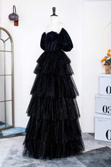 Formal Dress Shop Near Me, Saprkly Black Off-Shoulder Puff Sleeves Layers Long Prom Dress