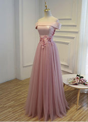 Party Dresses Express, Pink A Line Off Shoulder Floor Length Prom Dress, Lace Evening Dress