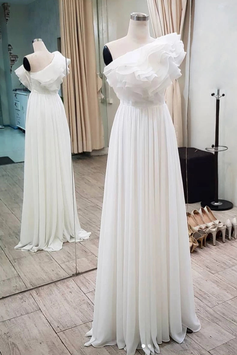 Party Dress For Wedding, Elegant Ruffles One Shoulder Long Prom Dresses, Chiffon Long Formal Dresses