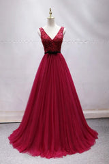 Prom Dresses Shopping, Elegant A-line V-neck Long Prom Dresses Tulle Appliques Beaded Formal Dresses