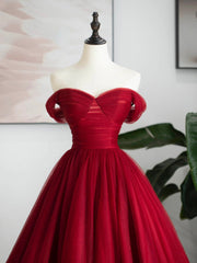 Party Dresses Mini, Burgundy Tulle Long Formal Dress, Off Shoulder Evening Dress Party Dress