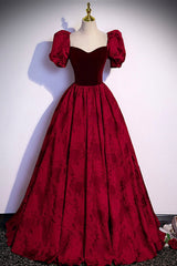 Party Dress Party Dress, Burgundy Velvet Long A-Line Prom Dress, Short Sleeve Evening Dress