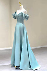 Evening Dress Green, Blue Satin Long A-Line Prom Dress, Off the Shoulder Evening Dress