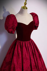 Party Dresses Wedding, Burgundy Velvet Long A-Line Prom Dress, Short Sleeve Evening Dress