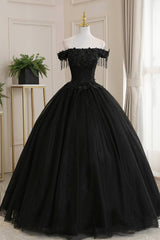 Prom Dresses 2019, Black Tulle Lace Off the Shoulder Prom Dress, Black A-Line Evening Dress