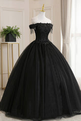 Prom Dresses Outfits, Black Tulle Lace Off the Shoulder Prom Dress, Black A-Line Evening Dress