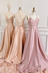 Formal Dress For Wedding Guest, Simple V-Neck Satin Long Prom Dress, A-Line Backless Evening Dress