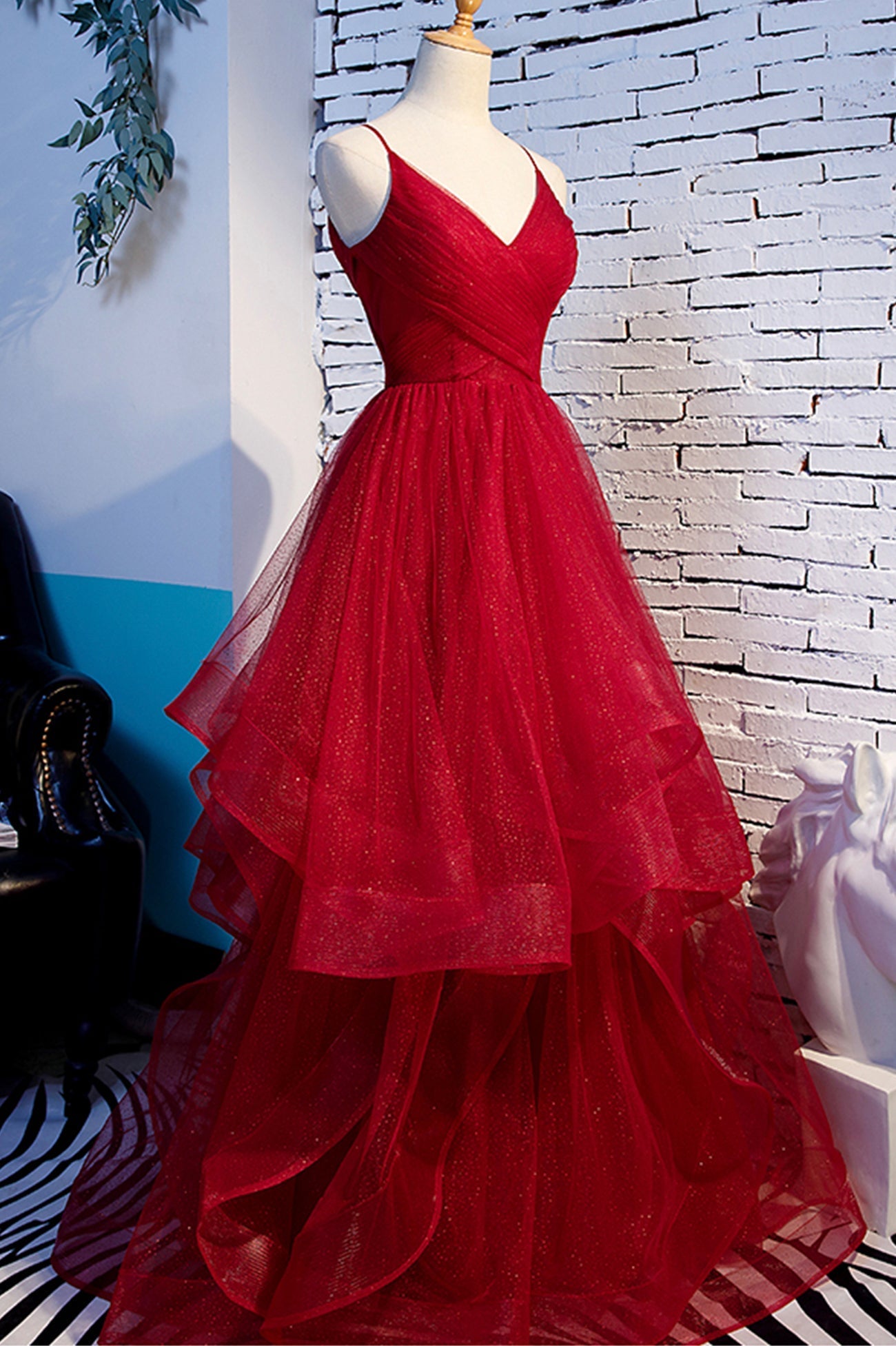 Dream Dress, Red V-Neck Tulle Long Prom Dress, A-Line Evening Dress