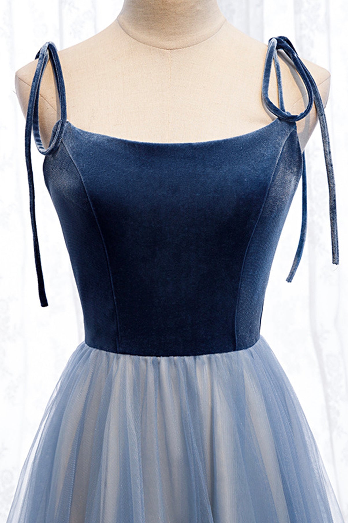 Slip Dress Outfit, Blue Velvet Tulle Long Prom Dresses, A-Line Evening Dresses