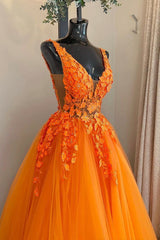 Prom Dresses For Sale, Orange V-Neck Lace Long Prom Dresses, A-Line Evening Party Dresses