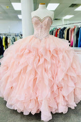 Prom Dresses V Neck, Pink Lace Beaded Long A-Line Ball Gown, Sweet 16 Dress