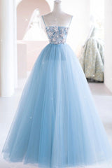 Evening Dress Near Me, Blue Spaghetti Strap Tulle Beading Long A-Line Prom Dresses