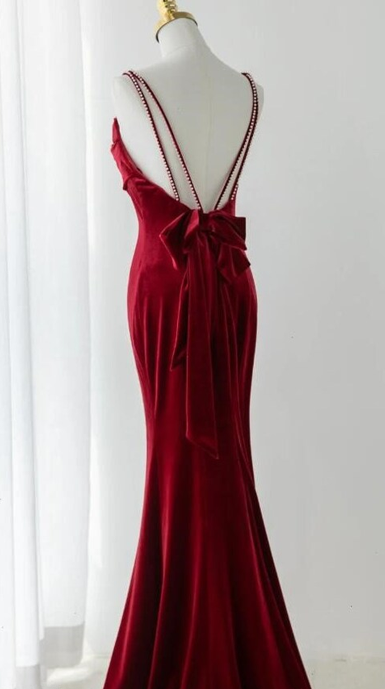 Wedding Dress Fitted, Wine Red Velvet Low Back Straps Long Party Dress, Wine Red Wedding Party Dress