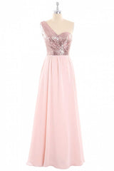 Elegant Dress, One-Shoulder Sequin and Chiffon A-Line Long Bridesmaid Dress