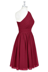 Bridesmaid Dress Dusty Rose, Wine Red Chiffon One-Shoulder Gathered Short Bridesmaid Dress