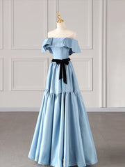 Evening Dresses Cocktail, Blue Satin Long Formal Dress, Blue Strapless A-Line Prom Dress