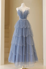 Formal Dress For Party Wear, Blue Tulle Layers Straps Beaded Long Prom Dress, Blue A-Line Evening Dress