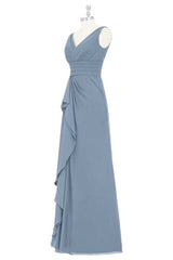 Evening Dresses Cocktail, Dusty Blue V-Neck Banded Waist Ruffled Long Bridesmaid Dress