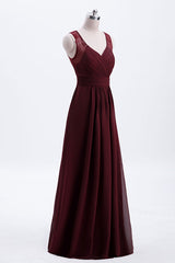 Prom Dress Simple, Burgundy Chiffon A-line Pleated Long Bridesmaid Dress