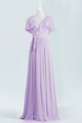 Party Dress A Line, Lavender Faux Wrap Ruffles Long Bridesmaid Dress