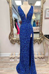 Evening Dresses Red, Royal Blue Deep V Neck Sequins Lace-Up Long Prom Dress with Slit