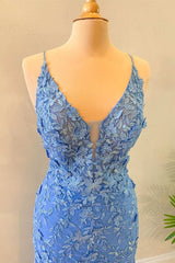 Prom Dress 2034, Blue Floral Appliques Backless Mermaid Long Prom Dress