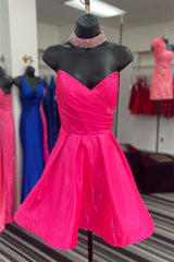 Prom Ideas, Fuchsia Strapless Surplice A-line Satin Homecoming Dress