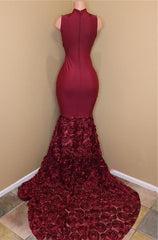 Prom Dressed A Line, 2024 New Arrival Mermaid Burgundy High Neck Rose Ruffles Sleeveless Long African American Prom Dress