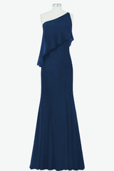 Red Carpet Dress, One Shoulder Navy Blue Flounce Mermaid Long Bridesmaid Dress