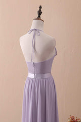 Winter Formal Dress, Lilac Halter Open Back Ruffled Long Bridesmaid Dress