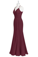 Prom Dresses Blue, Burgundy Chiffon Cross-Back Mermaid Long Bridesmaid Dress