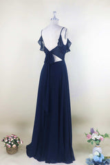 Bridesmaid Dresses Red, Navy Blue Chiffon Cold-Shoulder A-Line Long Bridesmaid Dress