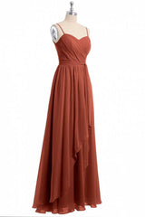 Formal Dresses For 28 Year Olds, Rust Orange Spaghetti Straps Sweetheart Ruffled Long Bridesmaid Dress