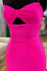 Party Dress For Babies, Hot Pink Beaded Keyhole Straps Mermaid Long Formal Dress with Slit