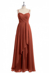 Formal Dress Attire For Wedding, Rust Orange Spaghetti Straps Sweetheart Ruffled Long Bridesmaid Dress