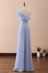 Prom Dresses 2037 Black, Periwinkle One-Shoulder Ruffled A-Line Long Bridesmaid Dress