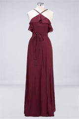 Party Dresses Clubwear, Straps Burgundy Ruffles A-line Long Bridesmaid Dress