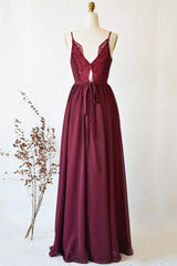 Bridesmaid Dresses Hunter Green, Magenta Chiffon V-Neck Spaghetti Straps Long Bridesmaid Dress