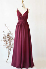 Bridesmaid Dresses Mismatched Neutral, Magenta Chiffon V-Neck Spaghetti Straps Long Bridesmaid Dress