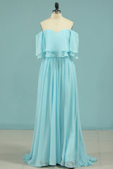 Bridesmaid Dress Shops, Off the Shoulder Blue Flounce Chiffon Long Bridesmaid Dress