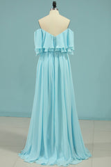 Bridesmaid Dresses Beach, Off the Shoulder Blue Flounce Chiffon Long Bridesmaid Dress