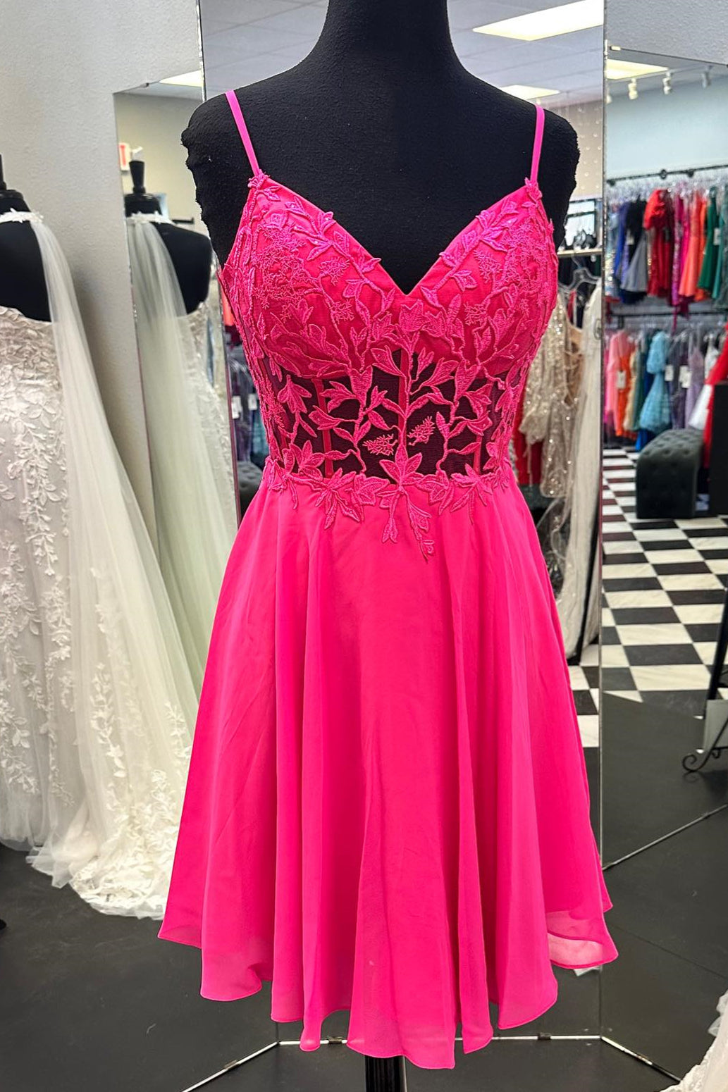 Formal Dresses On Sale, Fuchsia Appliques A-line Straps Chiffon Homecoming Dress