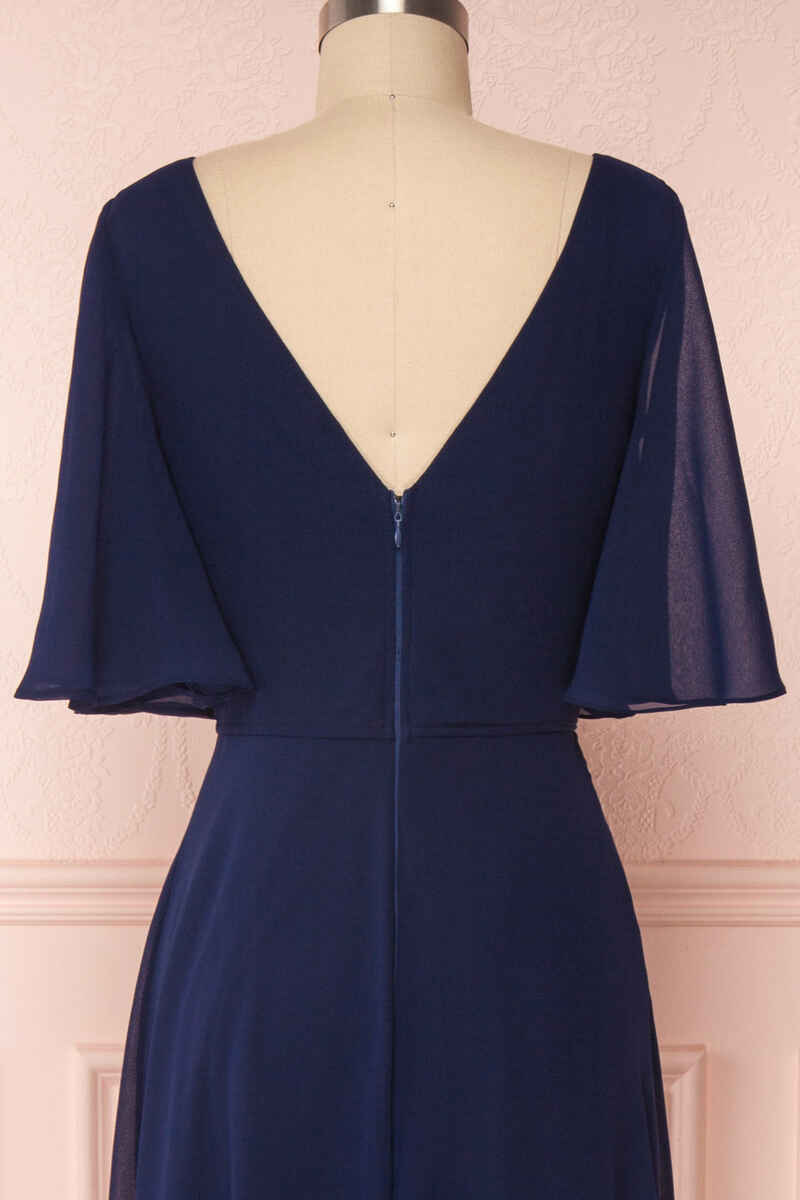 Bridesmaids Dress Fall, Navy Blue Chiffon V-Neck Ruffled Sleeve Long Bridesmaid Dress