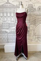 Formal Dresses Shops, Sheath Spaghetti Straps Satin Long Bridesmaid Dress with Slit