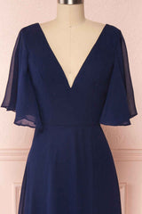 Bridesmaid Dresses Chiffon, Navy Blue Chiffon V-Neck Ruffled Sleeve Long Bridesmaid Dress