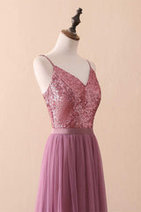 Evening Dress Long, Dusty Purple Sequin Spaghetti Straps A-Line Long Bridesmaid Dress