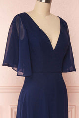 Bridesmaid Dress Fall, Navy Blue Chiffon V-Neck Ruffled Sleeve Long Bridesmaid Dress