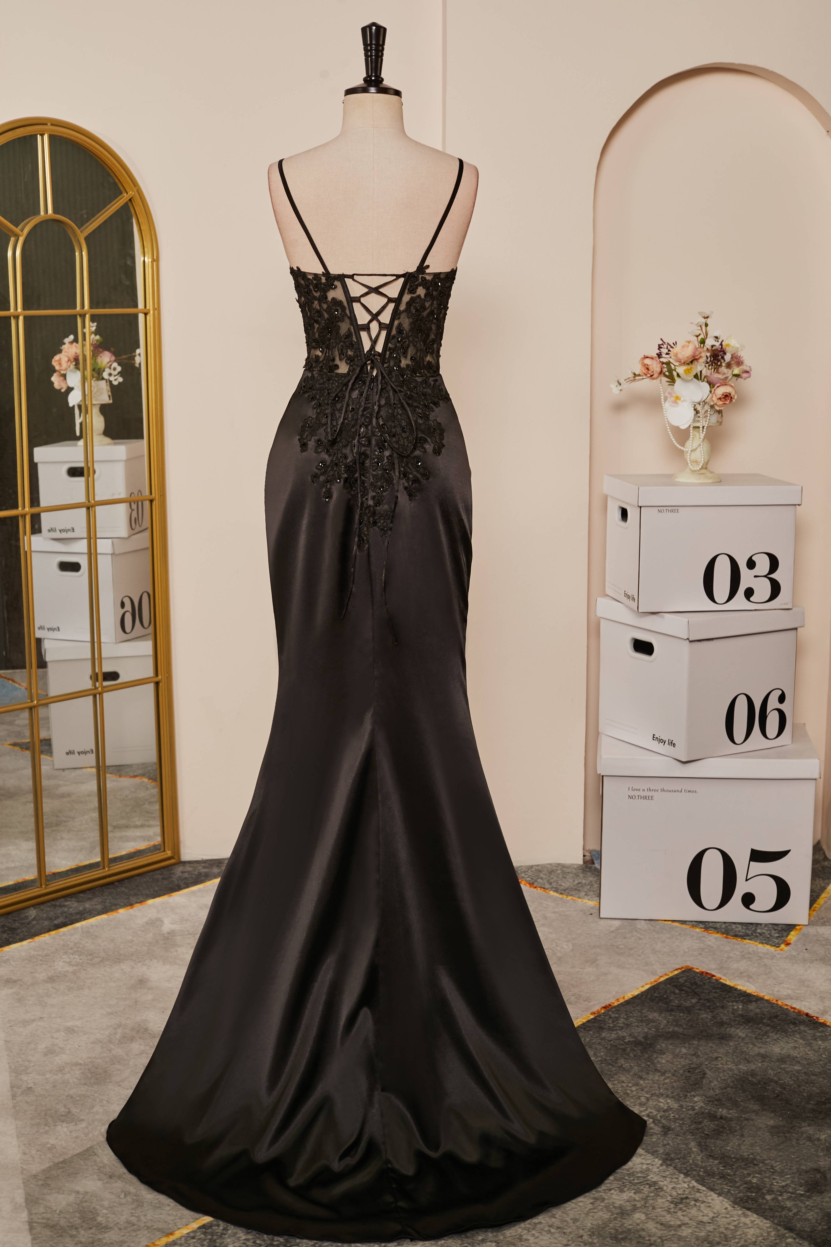 Prom Dresses Off Shoulder, Black Mermaid Pluning V Appliques Long Prom Dress with Slit