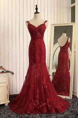 Bridesmaids Dresses Color Palettes, Burgundy Trumpet Sweep Train V Neck Mid Back Appliques Beading Long Prom Dresses