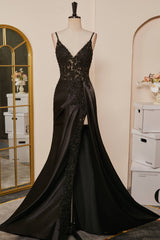 Prom Dresses For Skinny Body, Black Mermaid Pluning V Appliques Long Prom Dress with Slit